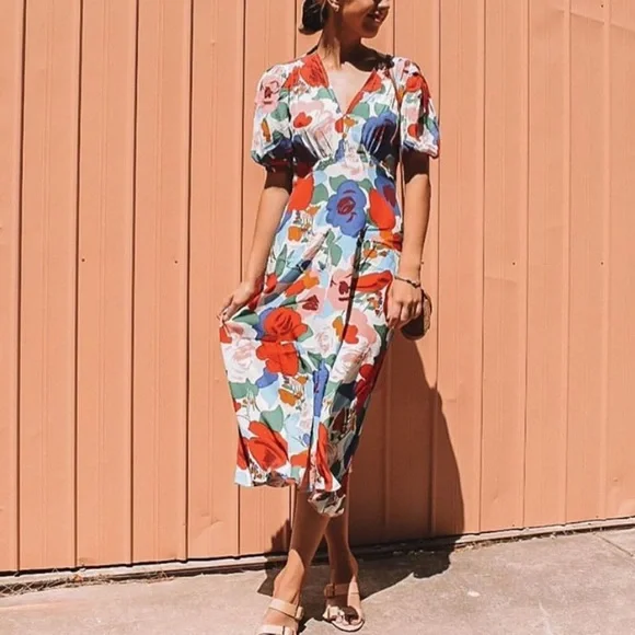 NWT Faithfull the Brand Red Pink Floral Puff Sleeve Midi dress size 4 small - Picture 2 of 7